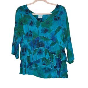Click By Color Me Cotton Floral Layered Tunic S Blue‎ Green Womens Shirt Blouse